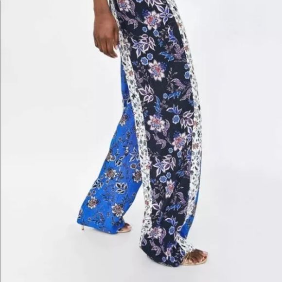 Zara Patchwork Wide Leg Pants with Elastic Waistband - Picture 3 of 10